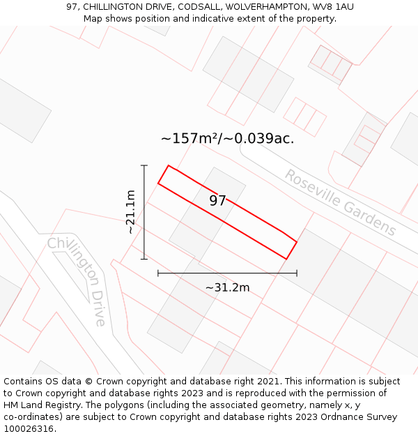 97, CHILLINGTON DRIVE, CODSALL, WOLVERHAMPTON, WV8 1AU: Plot and title map