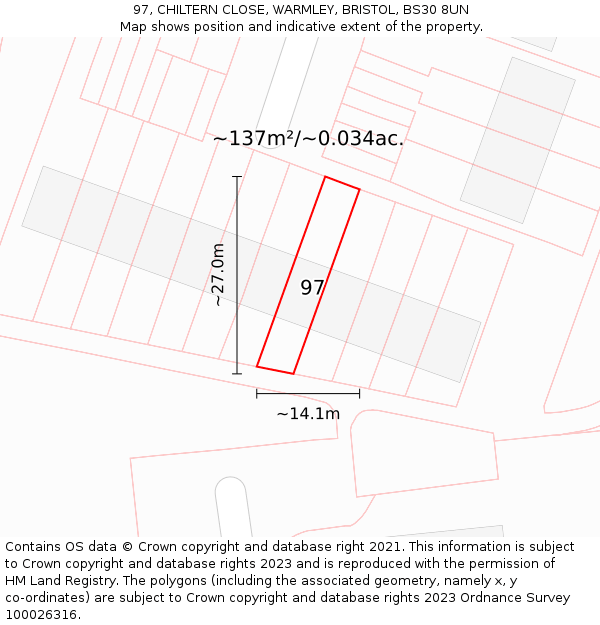 97, CHILTERN CLOSE, WARMLEY, BRISTOL, BS30 8UN: Plot and title map