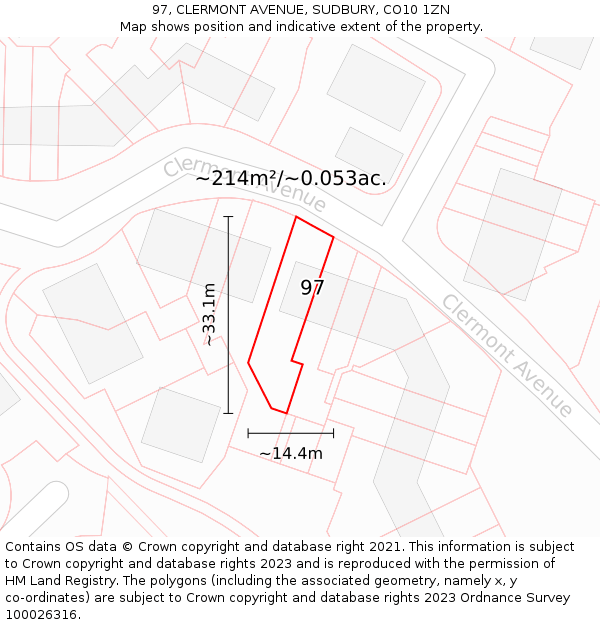 97, CLERMONT AVENUE, SUDBURY, CO10 1ZN: Plot and title map