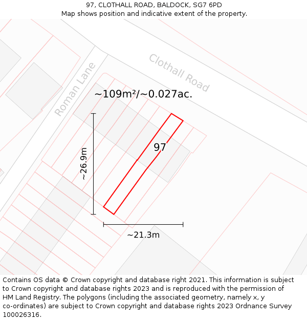 97, CLOTHALL ROAD, BALDOCK, SG7 6PD: Plot and title map