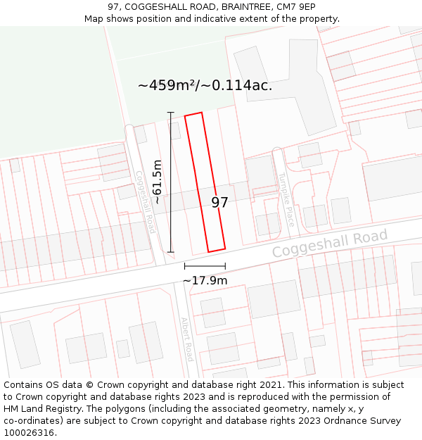 97, COGGESHALL ROAD, BRAINTREE, CM7 9EP: Plot and title map
