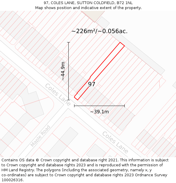 97, COLES LANE, SUTTON COLDFIELD, B72 1NL: Plot and title map
