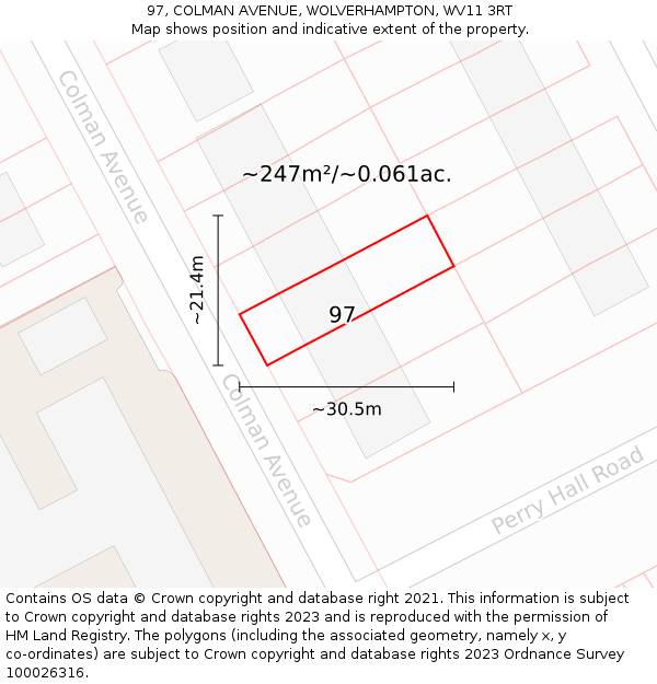 97, COLMAN AVENUE, WOLVERHAMPTON, WV11 3RT: Plot and title map