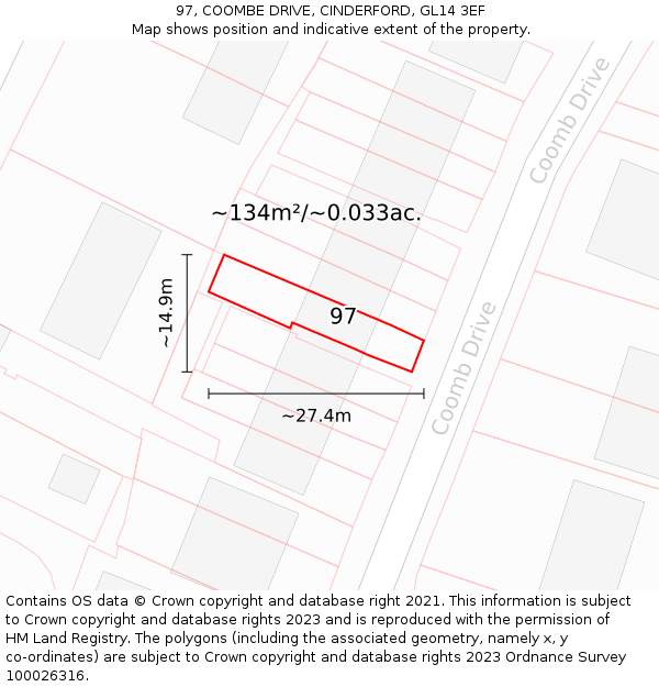 97, COOMBE DRIVE, CINDERFORD, GL14 3EF: Plot and title map