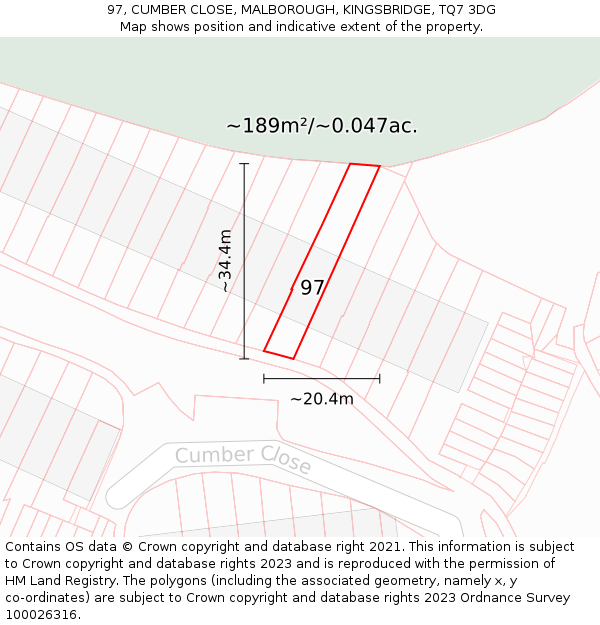 97, CUMBER CLOSE, MALBOROUGH, KINGSBRIDGE, TQ7 3DG: Plot and title map