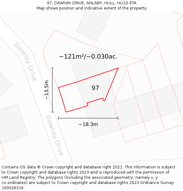 97, DAWNAY DRIVE, ANLABY, HULL, HU10 6TA: Plot and title map