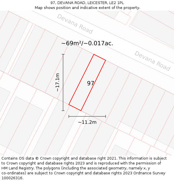 97, DEVANA ROAD, LEICESTER, LE2 1PL: Plot and title map