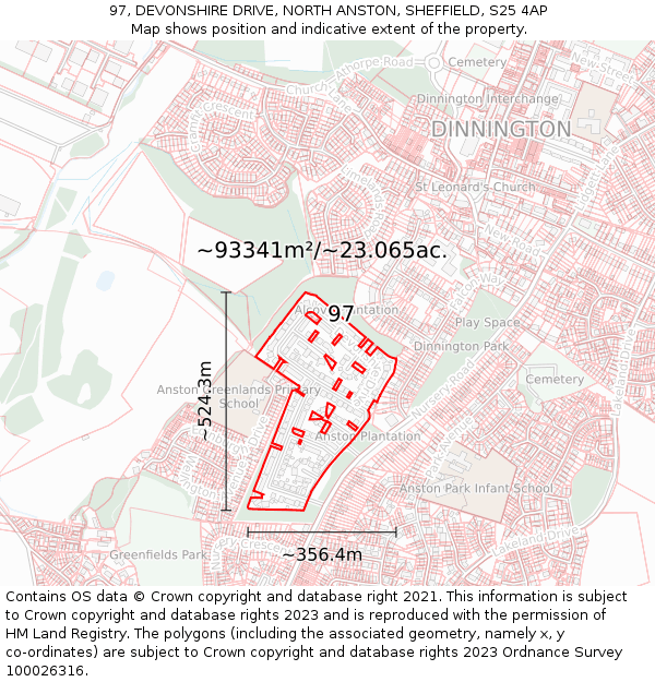 97, DEVONSHIRE DRIVE, NORTH ANSTON, SHEFFIELD, S25 4AP: Plot and title map