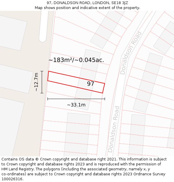 97, DONALDSON ROAD, LONDON, SE18 3JZ: Plot and title map