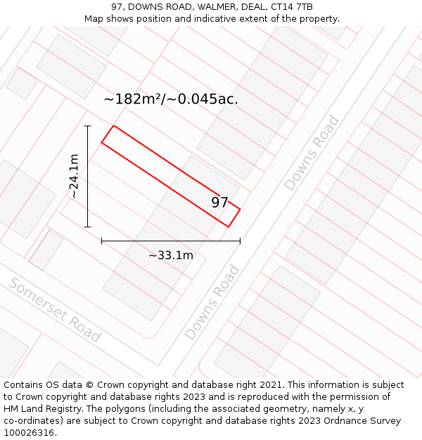 97, DOWNS ROAD, WALMER, DEAL, CT14 7TB: Plot and title map