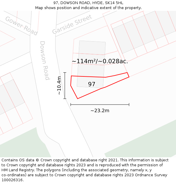 97, DOWSON ROAD, HYDE, SK14 5HL: Plot and title map