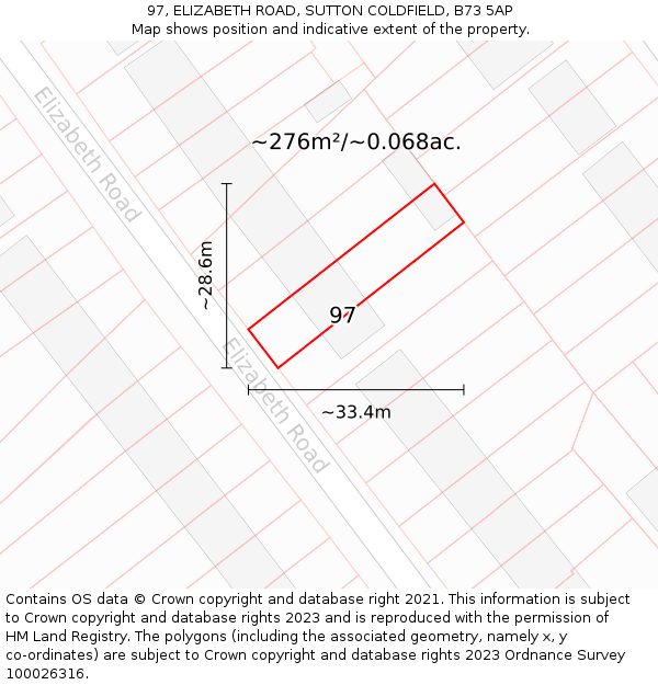97, ELIZABETH ROAD, SUTTON COLDFIELD, B73 5AP: Plot and title map