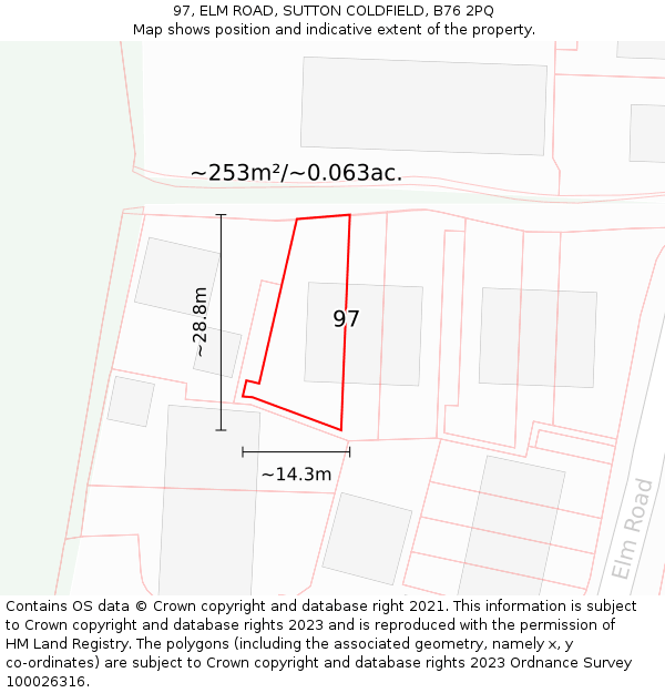 97, ELM ROAD, SUTTON COLDFIELD, B76 2PQ: Plot and title map