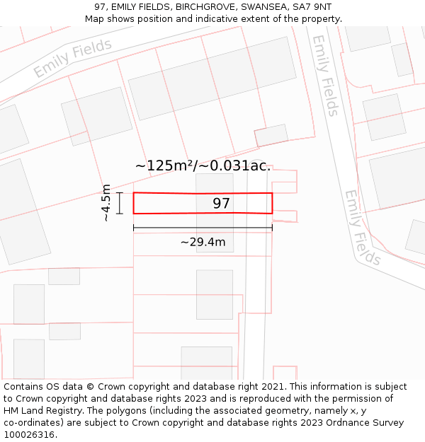 97, EMILY FIELDS, BIRCHGROVE, SWANSEA, SA7 9NT: Plot and title map