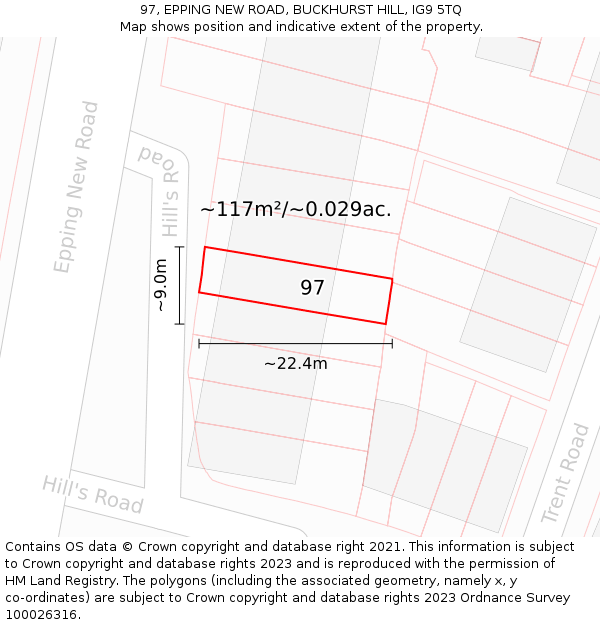 97, EPPING NEW ROAD, BUCKHURST HILL, IG9 5TQ: Plot and title map
