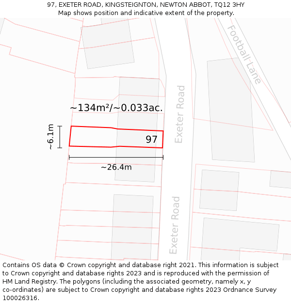 97, EXETER ROAD, KINGSTEIGNTON, NEWTON ABBOT, TQ12 3HY: Plot and title map
