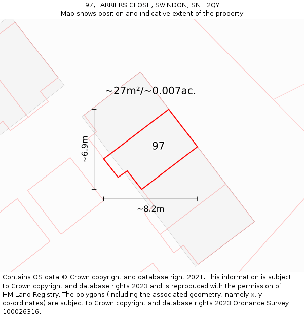 97, FARRIERS CLOSE, SWINDON, SN1 2QY: Plot and title map