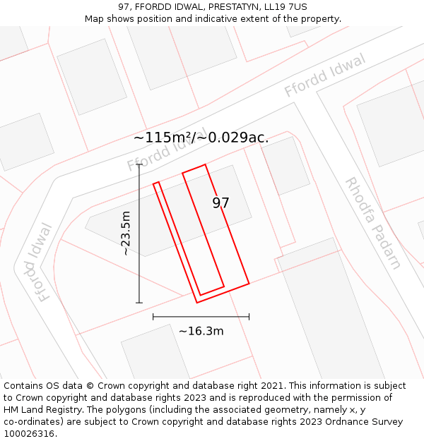 97, FFORDD IDWAL, PRESTATYN, LL19 7US: Plot and title map