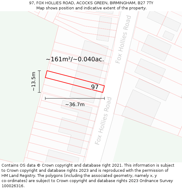 97, FOX HOLLIES ROAD, ACOCKS GREEN, BIRMINGHAM, B27 7TY: Plot and title map