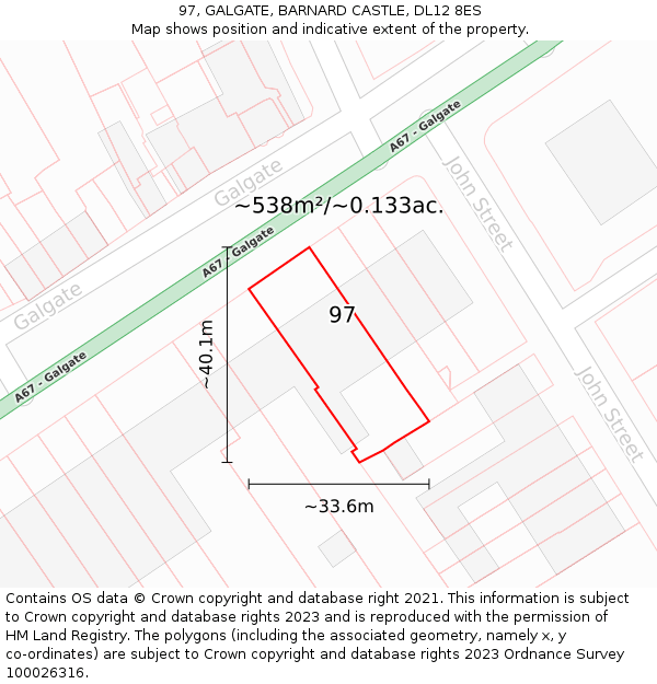 97, GALGATE, BARNARD CASTLE, DL12 8ES: Plot and title map