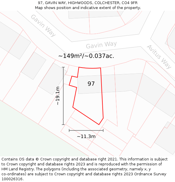 97, GAVIN WAY, HIGHWOODS, COLCHESTER, CO4 9FR: Plot and title map