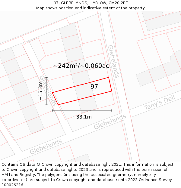 97, GLEBELANDS, HARLOW, CM20 2PE: Plot and title map