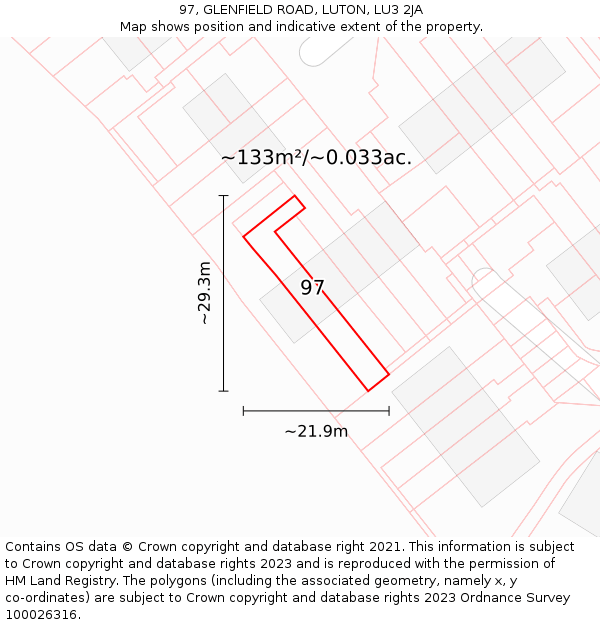 97, GLENFIELD ROAD, LUTON, LU3 2JA: Plot and title map