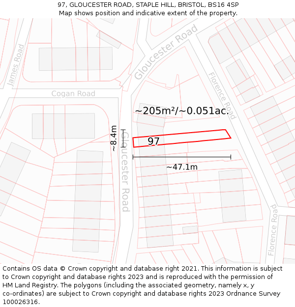 97, GLOUCESTER ROAD, STAPLE HILL, BRISTOL, BS16 4SP: Plot and title map