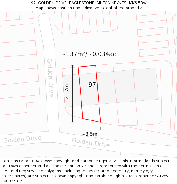 97, GOLDEN DRIVE, EAGLESTONE, MILTON KEYNES, MK6 5BW: Plot and title map
