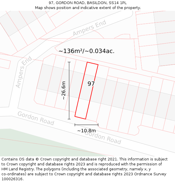 97, GORDON ROAD, BASILDON, SS14 1PL: Plot and title map
