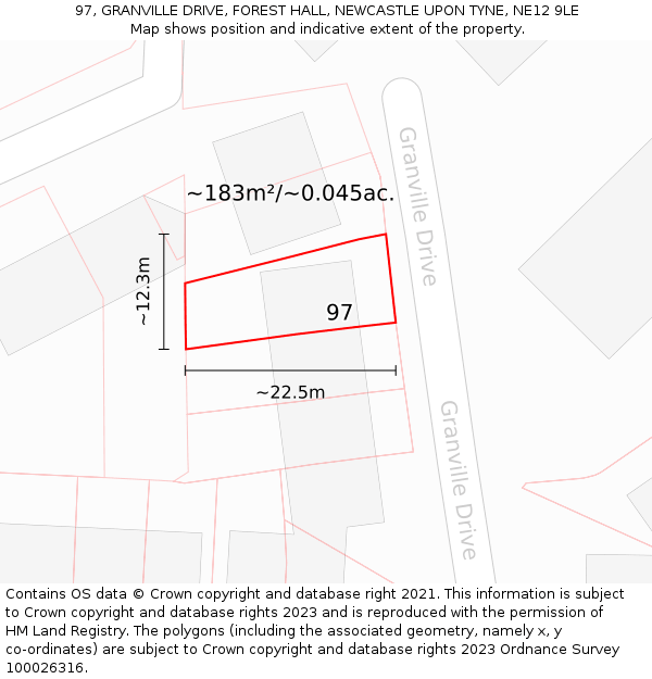 97, GRANVILLE DRIVE, FOREST HALL, NEWCASTLE UPON TYNE, NE12 9LE: Plot and title map