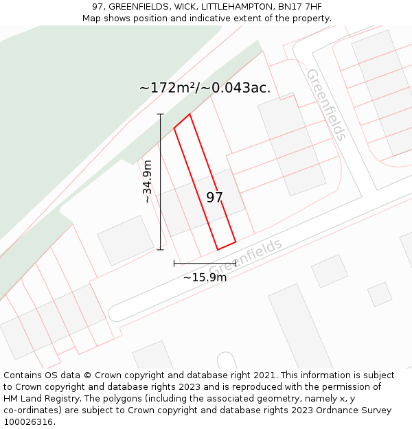 97, GREENFIELDS, WICK, LITTLEHAMPTON, BN17 7HF: Plot and title map