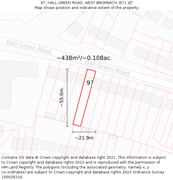 97, HALL GREEN ROAD, WEST BROMWICH, B71 3JT: Plot and title map