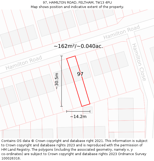 97, HAMILTON ROAD, FELTHAM, TW13 4PU: Plot and title map
