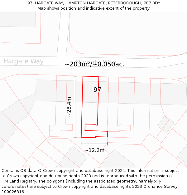 97, HARGATE WAY, HAMPTON HARGATE, PETERBOROUGH, PE7 8DY: Plot and title map