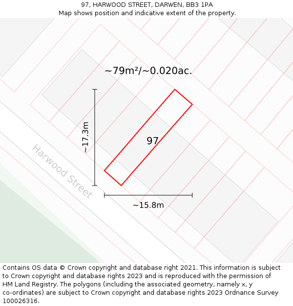 97, HARWOOD STREET, DARWEN, BB3 1PA: Plot and title map