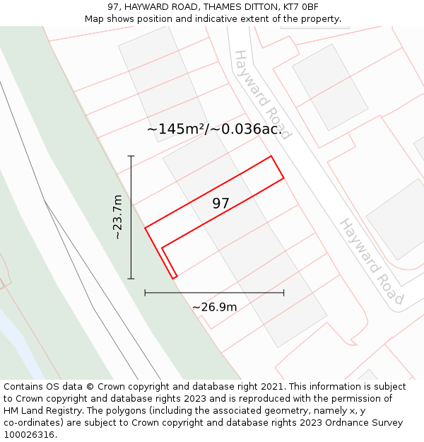 97, HAYWARD ROAD, THAMES DITTON, KT7 0BF: Plot and title map