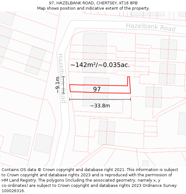 97, HAZELBANK ROAD, CHERTSEY, KT16 8PB: Plot and title map