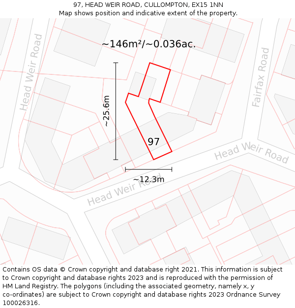 97, HEAD WEIR ROAD, CULLOMPTON, EX15 1NN: Plot and title map