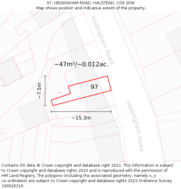 97, HEDINGHAM ROAD, HALSTEAD, CO9 2DW: Plot and title map