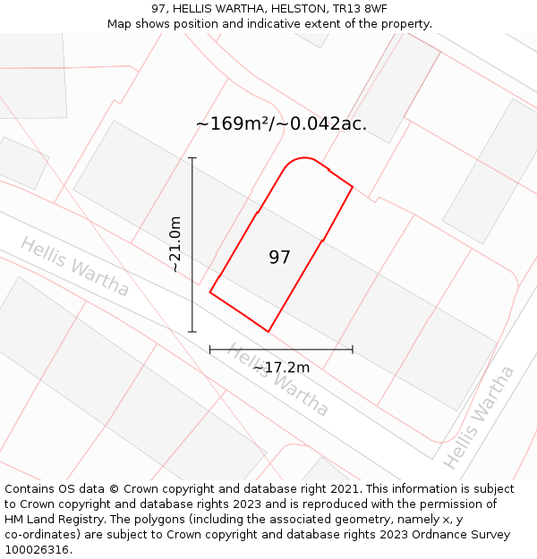 97, HELLIS WARTHA, HELSTON, TR13 8WF: Plot and title map