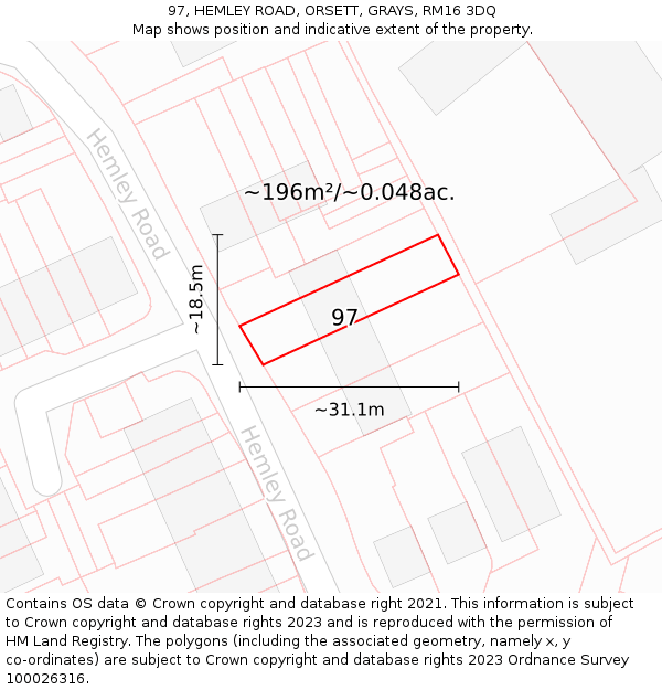 97, HEMLEY ROAD, ORSETT, GRAYS, RM16 3DQ: Plot and title map