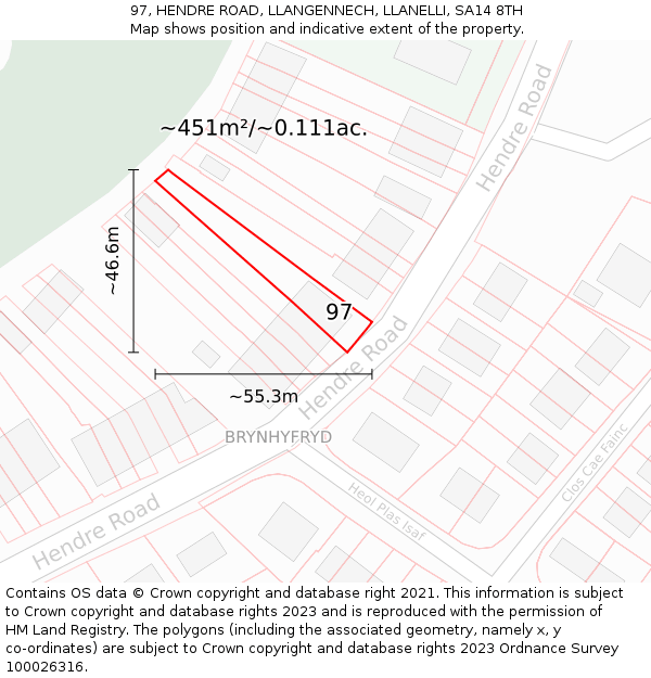 97, HENDRE ROAD, LLANGENNECH, LLANELLI, SA14 8TH: Plot and title map