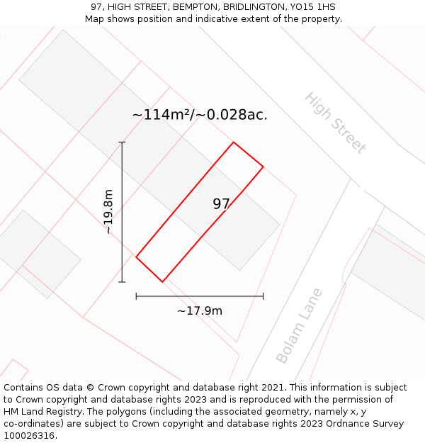 97, HIGH STREET, BEMPTON, BRIDLINGTON, YO15 1HS: Plot and title map
