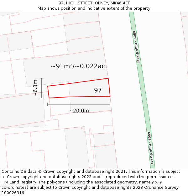 97, HIGH STREET, OLNEY, MK46 4EF: Plot and title map