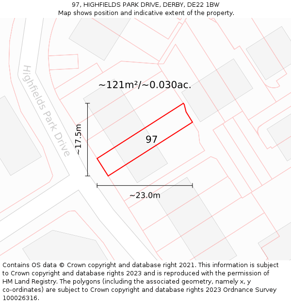 97, HIGHFIELDS PARK DRIVE, DERBY, DE22 1BW: Plot and title map