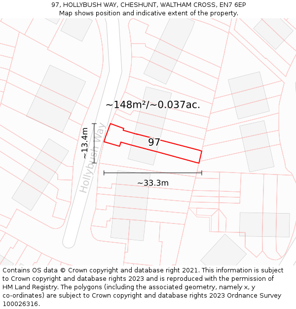 97, HOLLYBUSH WAY, CHESHUNT, WALTHAM CROSS, EN7 6EP: Plot and title map
