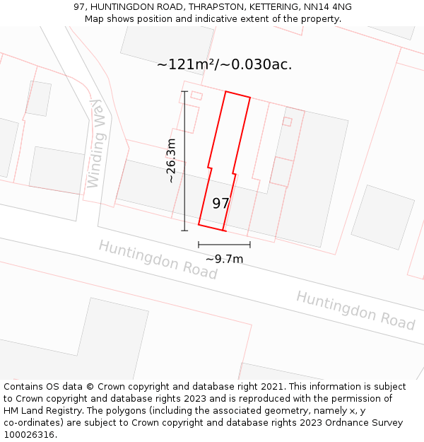 97, HUNTINGDON ROAD, THRAPSTON, KETTERING, NN14 4NG: Plot and title map