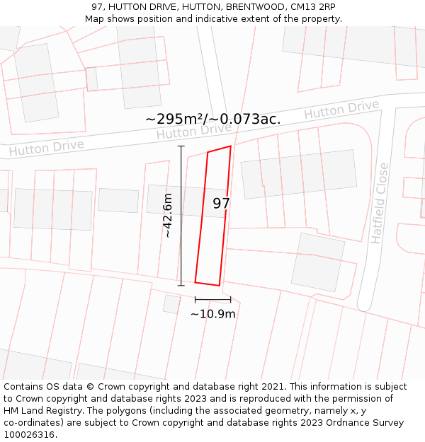 97, HUTTON DRIVE, HUTTON, BRENTWOOD, CM13 2RP: Plot and title map