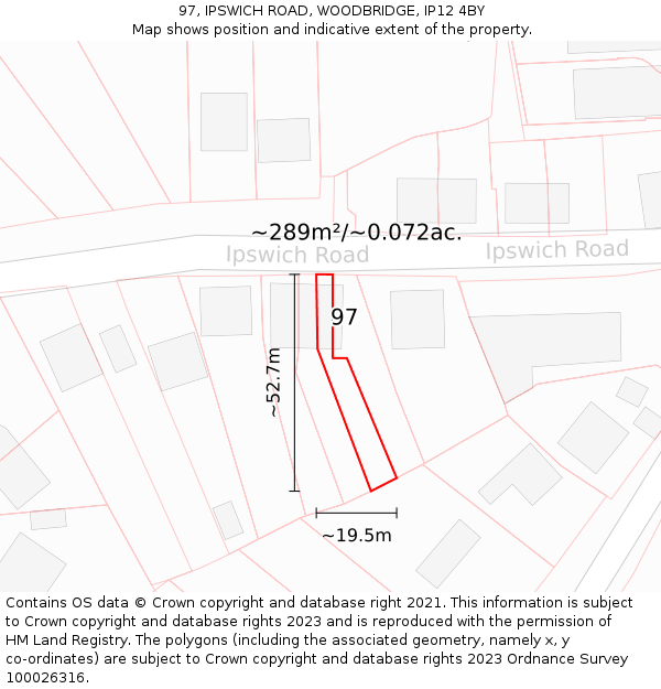 97, IPSWICH ROAD, WOODBRIDGE, IP12 4BY: Plot and title map